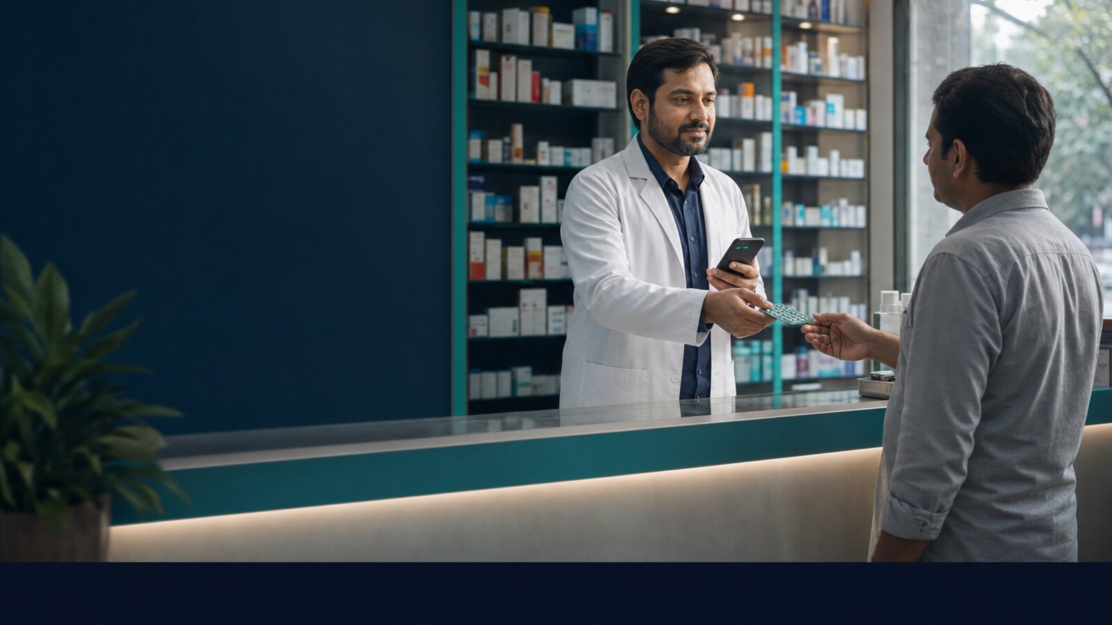 A pharmacist at a shop counter handing a strip of tablets to a customer while holding a phone.