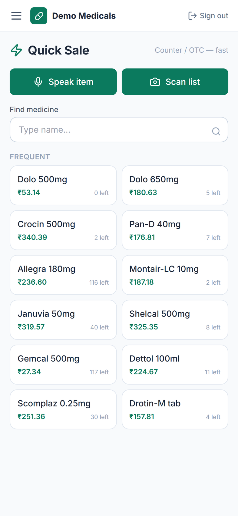 Quick Sale screen in Entyti with frequently sold medicines laid out as one tap tiles.